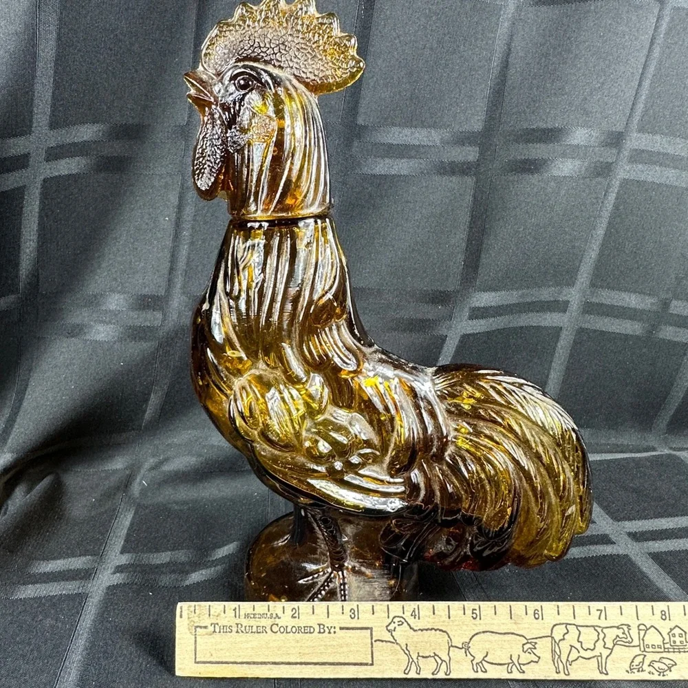 Vintage Amber Glass Rooster Decanter Figurine Mid Century Farmhouse Decor 12.5in